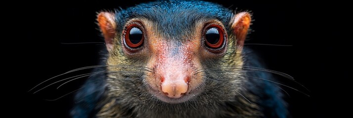  A tight shot of a small animal's face, sporting a blue and brown coat above its eyes