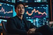 © David Zarzosa - A stock trader in a suit smiles confidently while sitting in front of multiple financial data screens.