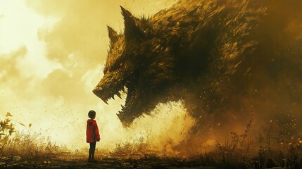 Poster - A Child Faces a Fearsome Wolf in a Dark Forest