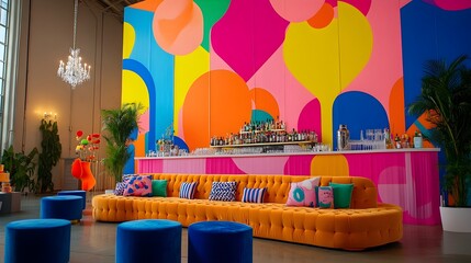 Poster - Playful and Vibrant Backdrop with Bold Geometric Designs Colorful Details and a Fun Joyful Atmosphere Perfect for Lively Festivals