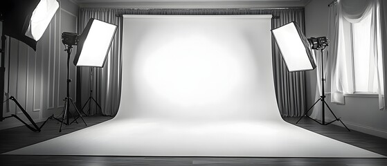 Poster - Sleek minimalist monochromatic backdrop with soft lighting setup for elegant and refined product fashion or beauty photography in a professional studio environment