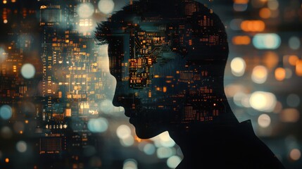 Poster - A silhouette of a person overlaid with a digital cityscape, symbolizing technology and innovation.