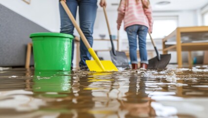 Flooded house with an adult and child cleaning up the water damage