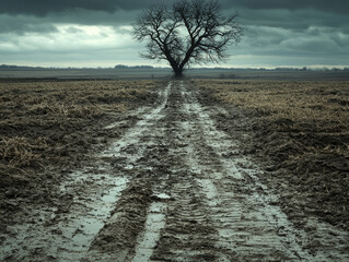 solitary tree stands at end of muddy road, surrounded by vast, barren landscape under moody sky. scene evokes sense of isolation and contemplation