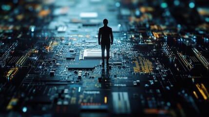 Poster - A silhouetted figure stands amidst a digital circuit landscape, symbolizing technology's vastness.