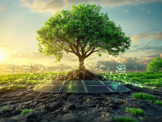 tree symbolizing renewable energy stands tall amidst solar panels and wind turbines, representing harmonious blend of nature and technology. scene evokes sense of sustainability and innovation