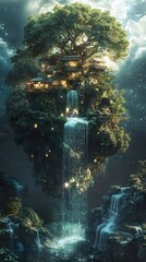 Wall Mural - Enchanted Treehouse with Waterfall - Fantasy Landscape