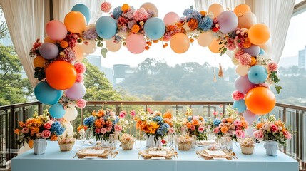 Vibrant and Joyful Colorful Wedding Event with Festive Balloon Floral Arrangements and Playful Design Elements Creating a Celebratory Atmosphere