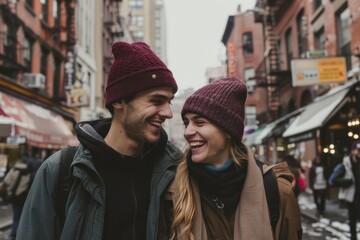 Canvas Print - Couple laughing street urban city.