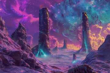 Wall Mural - Tall Structures on a Purple Planet With a Nebula Sky