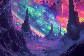 Wall Mural - alien landscape with a colorful nebula and tall rock formations