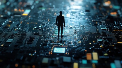 Poster - A silhouetted figure stands on a circuit board, symbolizing technology and innovation.