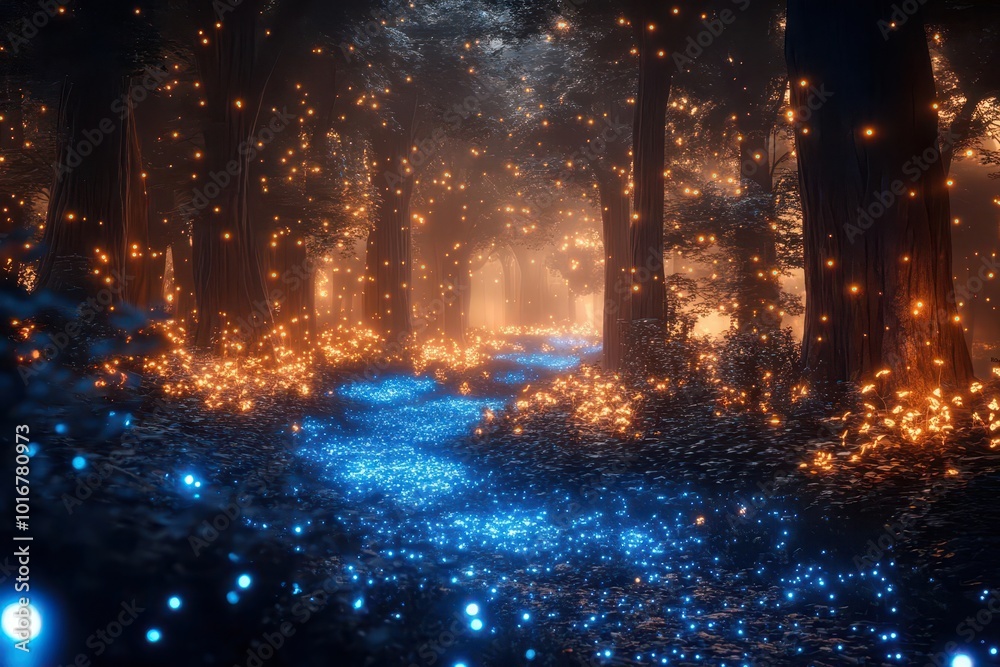 enchanted luminous forest mystical nighttime woodland scene with ...