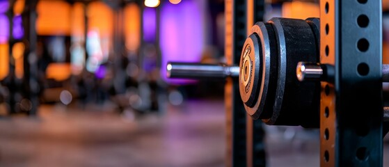  A tight shot of a barbell against a gyms backdrop, illuminated by purple and orange lights Background features a blurred image of additional barbells