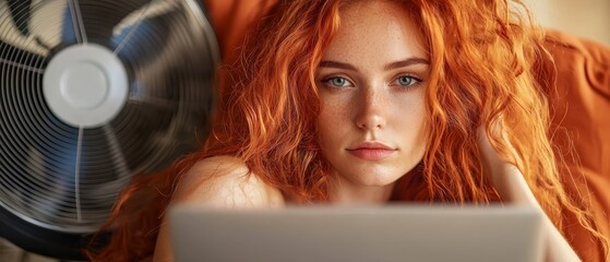  A woman with red hair and blue eyes closely gazes at a computer screen A fan lies in the background