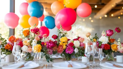 Poster - Vibrant and Colorful Modern Wedding with Playful Air Balloon Floral Arrangements and a Joyful Festive Atmosphere