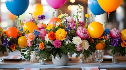 Poster - Colorful and Vibrant Modern Wedding with Playful Air Balloon Floral Arrangements and a Joyful Atmosphere for a Fun and Festive Event