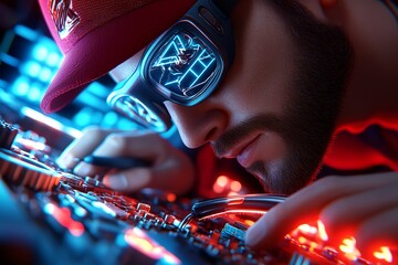 Poster - 3D model of a hacktivist working inside a virtual reality protest environment, showing intricate details of the digital tools used for activism