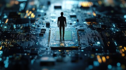 Poster - A silhouette stands on a circuit board, symbolizing the fusion of humanity and technology.