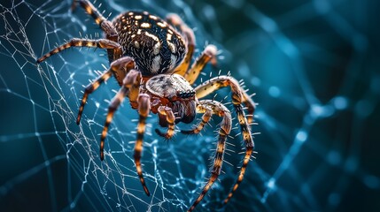 A spider is sitting on a web. The spider is brown and black. The web is blue