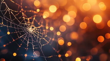 Poster - abstract halloween background featuring close up of cobweb with bokeh circles