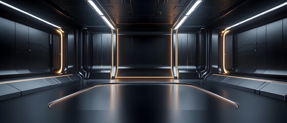 Poster - Sleek Dark Backdrop with Glossy Surfaces and LED Accents for a High Tech Modern Look   Professional Setting with a Futuristic Minimalist Aesthetic
