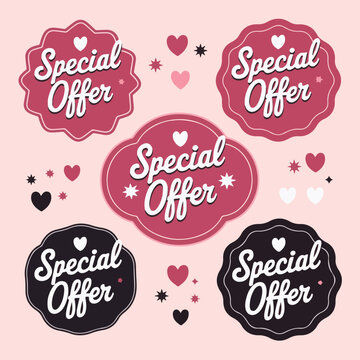 A set of pink badges and labels with the text 