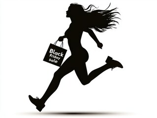 Aufkleber - Black silhouette of a running woman with a shopping bag, with the text 