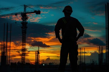 Poster - Engineer next to construction site backlighting silhouette hardhat.