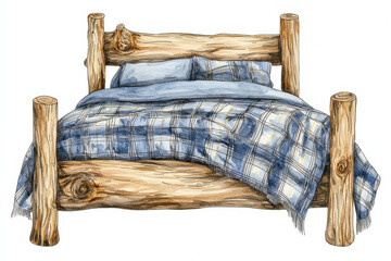 A rustic wooden bed with a blue plaid blanket and decorative pillows, highlighting a cozy and natural aesthetic for any bedroom.