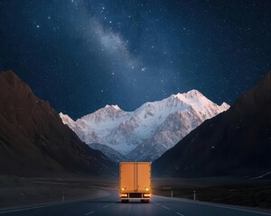 Karakoram Highway at night, illuminated by the headlights of passing trucks, with stars filling the sky above, Night Karakoram, Dramatic, serene, scenic