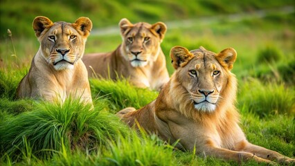african lions resting in the green grass at tilted angle