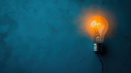 A solitary lightbulb illuminating a blue background with copy space