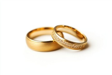 A pair of gold wedding rings isolated on a white background Generative AI