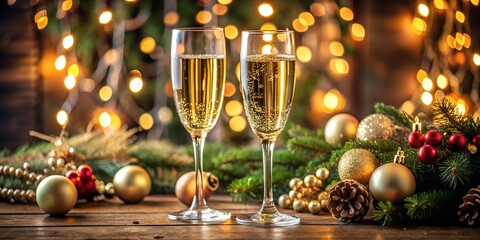 two glasses of champagne on a festive table, ready for a new year's celebration