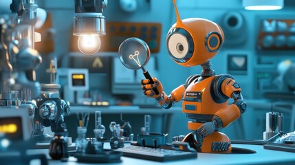3D cartoon image of a robot with a lightbulb head, holding a magnifying glass, standing in a futuristic lab filled with gadgets, symbolizing science and innovation