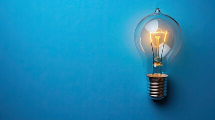 A solitary lightbulb illuminating a blue background with copy space