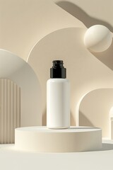 Poster - Minimalist design featuring a white cosmetic bottle with a black cap, displayed on a beige podium against a soft, abstract background.