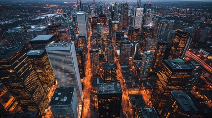 Poster - A breathtaking aerial view of a bustling city skyline at night, the streets lit up with twinkling lights and iconic landmarks, capturing the essence of urban travel