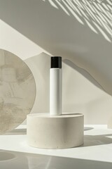 Poster - A minimalist design featuring a sleek white bottle on a concrete pedestal, set against a soft, shadowy backdrop, representing modern elegance.