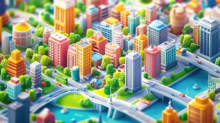 Poster - A colorful 3D cartoon city with bright buildings, parks, and bridges, showcasing a fun and lively modern cityscape from an aerial view