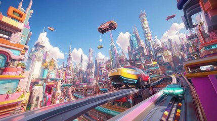 Poster - A futuristic 3D cartoon city with towering buildings, flying cars, and a colorful monorail system, depicting a lively, tech-savvy urban environment