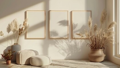 Poster - A cozy interior featuring three empty frames on a light wall, surrounded by dried plants and soft textures, creating a warm and inviting atmosphere.