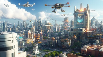 Poster - A futuristic 3D cartoon skyline with towering buildings, hovering drones, and a bustling city center filled with animated characters