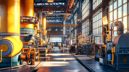 Inside a bustling industrial factory, skilled workers in hard hats navigate a landscape of bright machinery and complex piping, harmonizing productivity