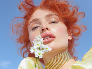 Fashion model with vibrant red hair and white flowers against a bright blue sky. Artistic, fresh beauty portrait with a whimsical touch.