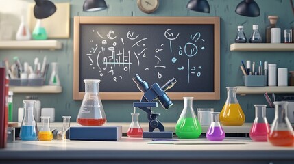 Poster - Cartoon 3D image of a quirky laboratory with bubbling beakers, microscopes, and a chalkboard filled with formulas, perfect for illustrating science experiments