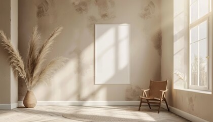 Poster - A serene interior featuring a minimalist design, warm tones, a wooden chair, and natural light filtering through large windows.