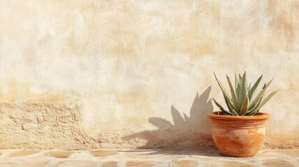 Wall Mural - Empty texture stucco wall with shade and aloe clay pot. Summer background with traditional home exterior. Architecture design with neutral rustic aesthetic