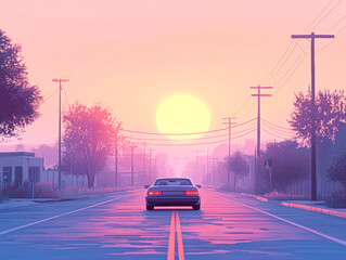 Poster - A car is driving down a street at sunset